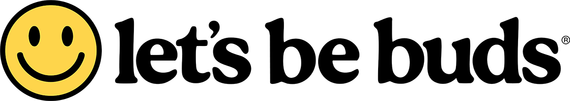 The Let's Be Buds logo features a smiley face icon with a midcentury-modern typeface that says "let's be buds".