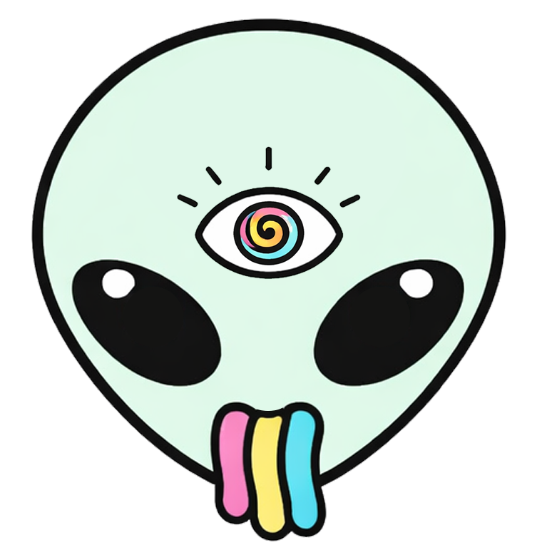 An illustration of an alien head with pastel colors, rainbow vomit, and a third eye with a rainbow spiral. This is the Cosmic Supper Club logo.